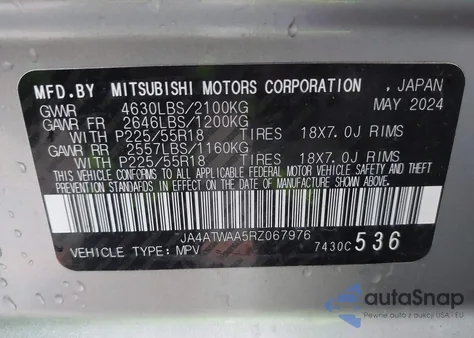 2024 Mitsubishi Eclipse Cross Se S-Awc/Sel S-Awc z USA, uszkodzony, nr VIN JA4ATWAA5RZ067976